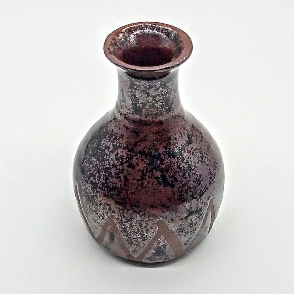 BEA L Black Brown Raku Pottery Vase SIGNED